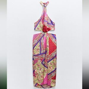 ZARA PATCHWORK PRINTED HALTER NECK MIDI DRESS- size small new with tags